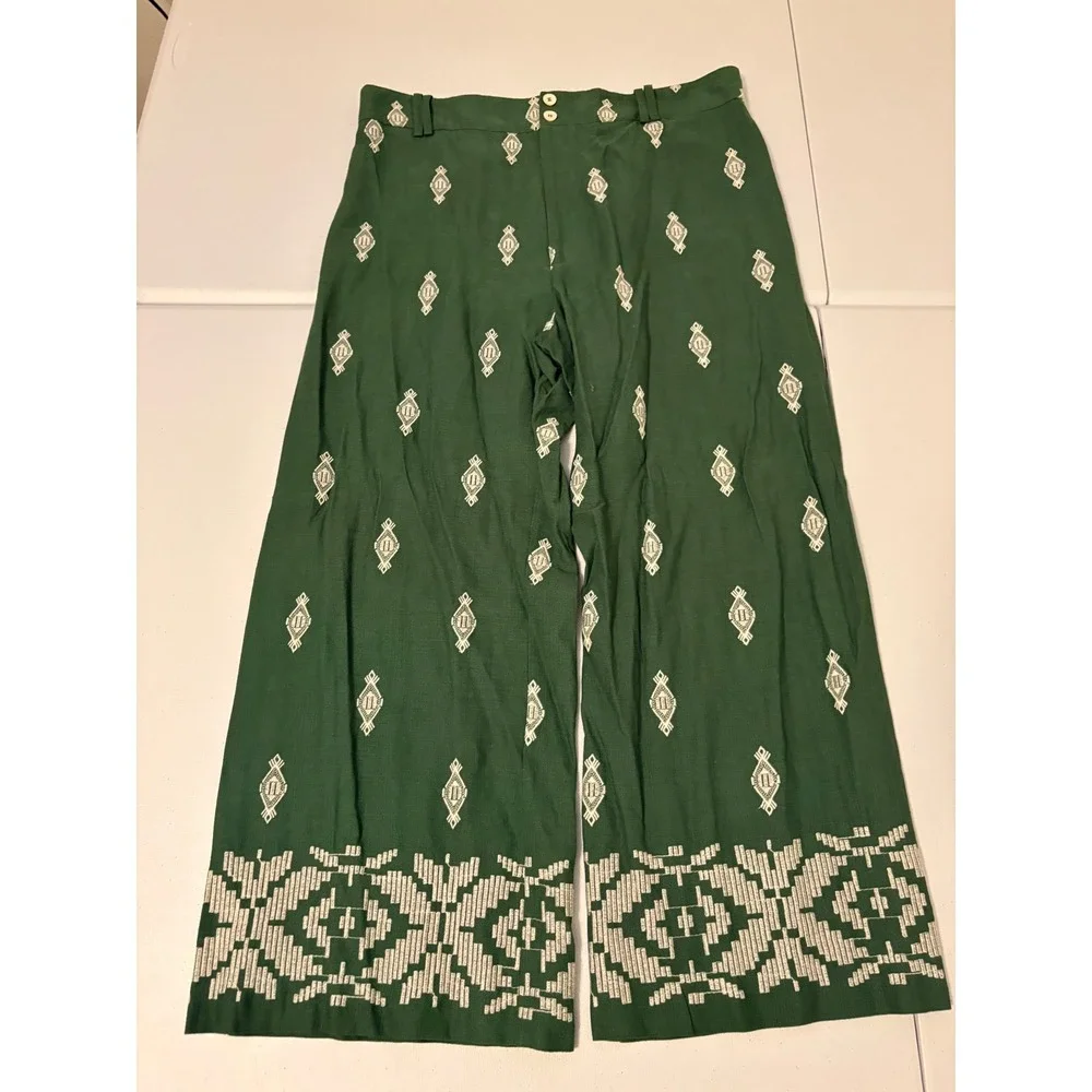 Zara Green Embroidered Linen Blend Wide Leg Pants Boho Coastal Resort XL d5